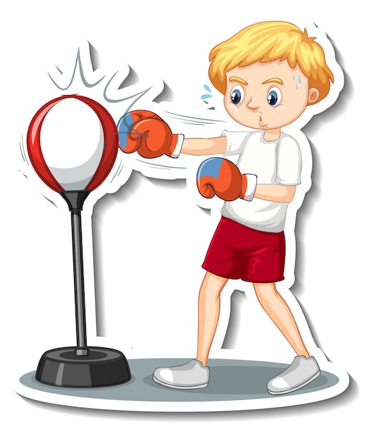 Free vector sticker design with a boy punching bag cartoon character