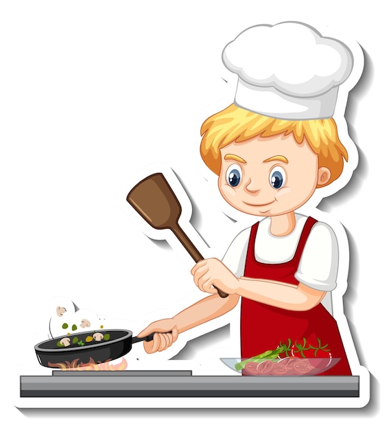 Free Vector sticker design with chef boy cooking food cartoon character