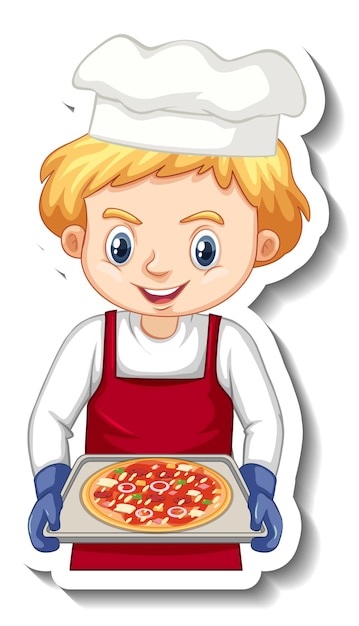 Free Vector sticker design with chef boy holding pizza tray