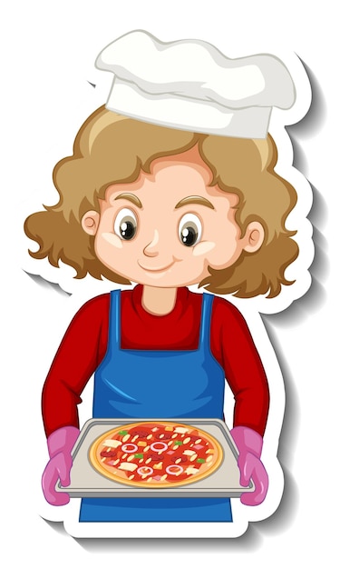 Sticker design with chef girl holding pizza tray