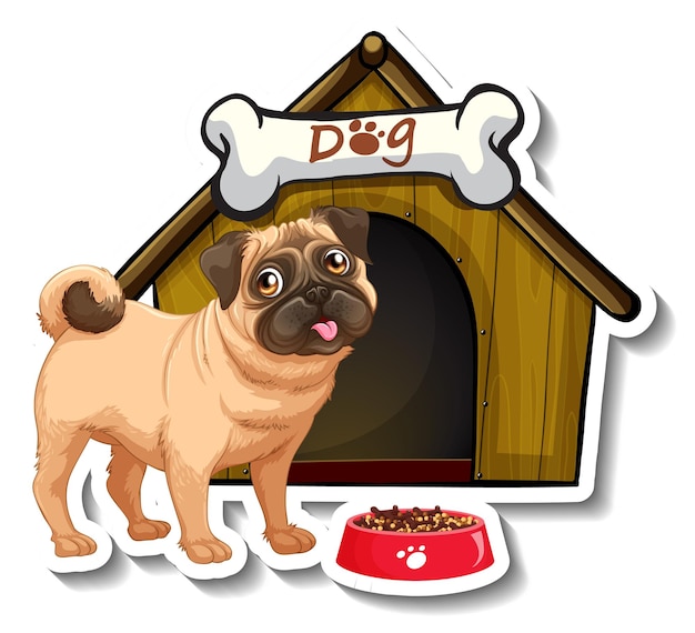 Free Vector sticker design with pug standing in front of dog house