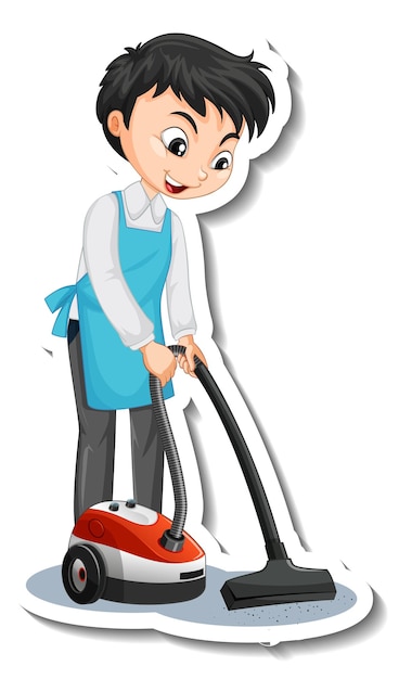 Free Vector sticker design with a young man using vacuum cleaner