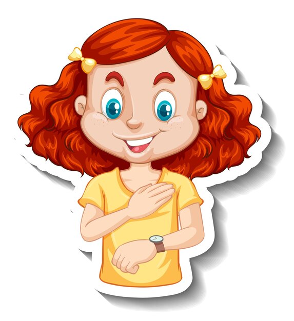 Sticker a girl cartoon character looking at wristwatch