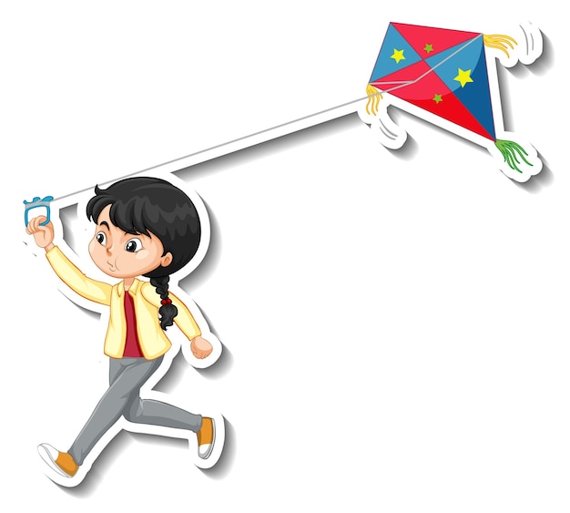 Free Vector sticker a girl playing kite cartoon character