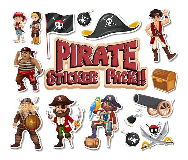 Free Vector sticker pack of pirate cartoon characters and objects