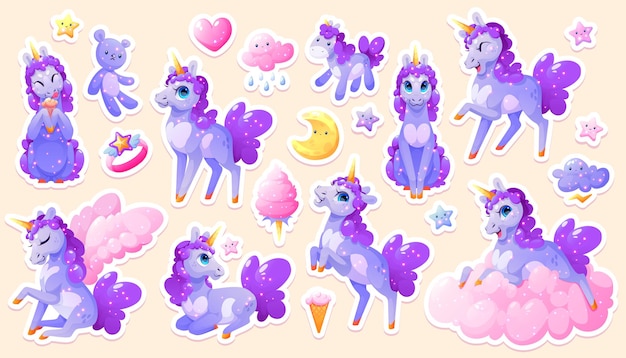 Free vector sticker pack with magic unicorn, cute cartoon pony