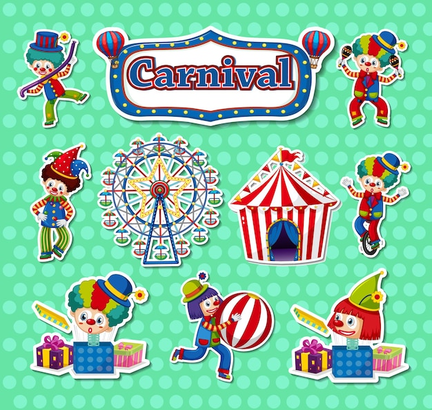 Sticker set of amusement park objects and cartoon characters