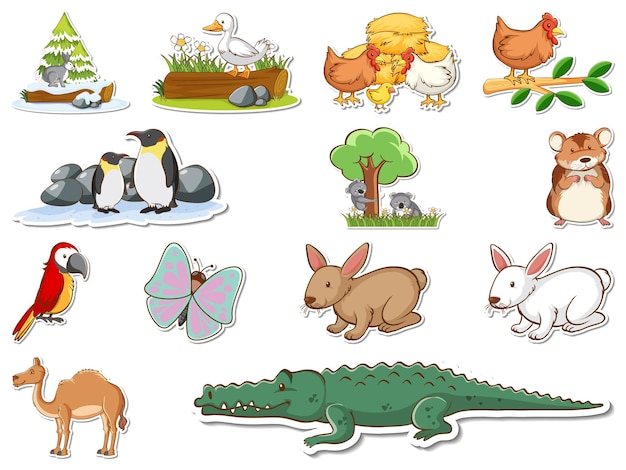 Free vector sticker set of cartoon wild animals