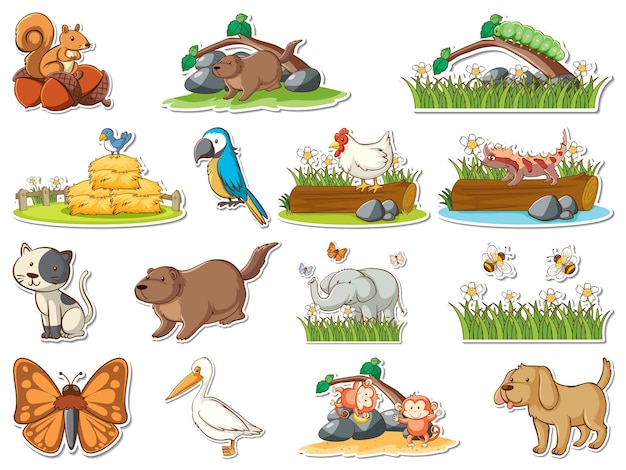 Sticker set of cartoon wild animals