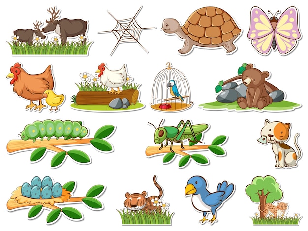 Free vector sticker set of cartoon wild animals