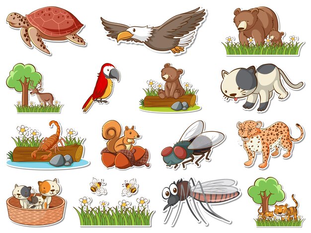 Sticker set of cartoon wild animals