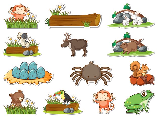 Sticker set of cartoon wild animals