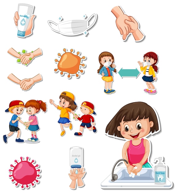 Sticker set of covid19 and cartoon characters