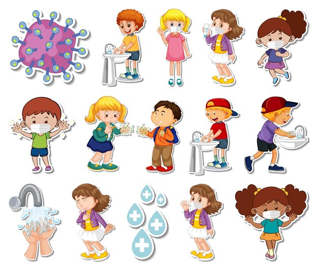 Sticker set of covid19 icons and cartoon characters