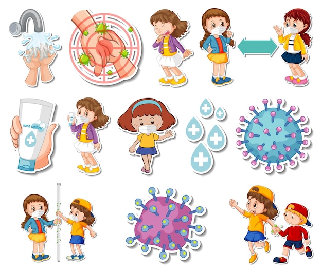 Sticker set of covid19 icons and cartoon characters