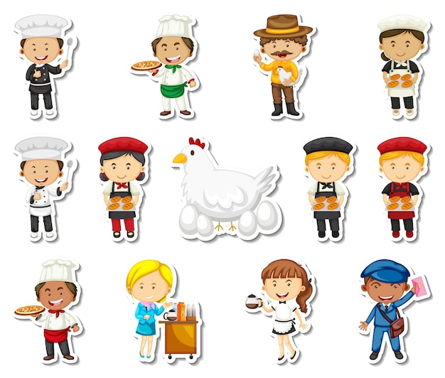 Free vector sticker set of different professions cartoon characters