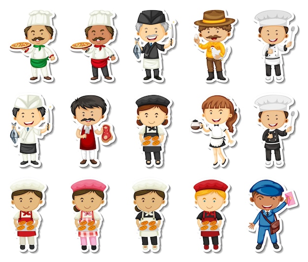 Free vector sticker set of different professions cartoon characters