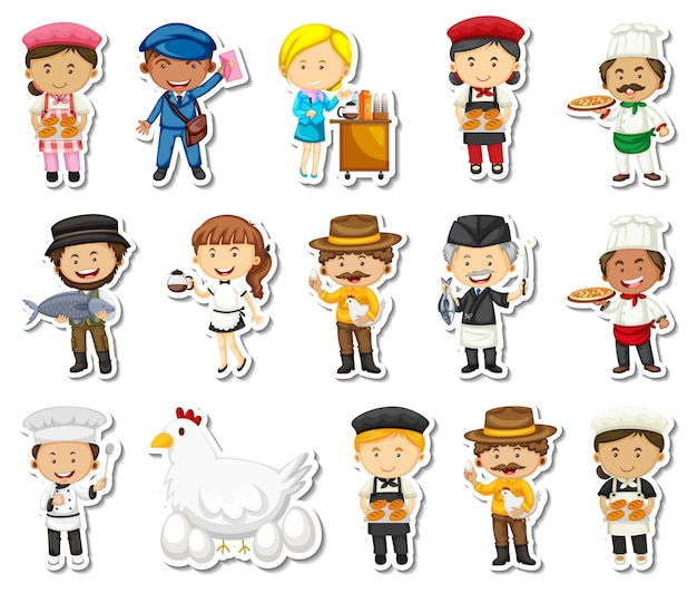 Free Vector sticker set of different professions cartoon characters