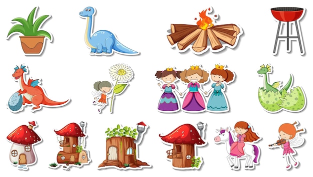 Free vector sticker set of fantasy fairy tale cartoon characters