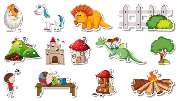 Sticker set of fantasy fairy tale cartoon characters