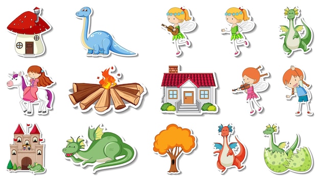 Free Vector sticker set of fantasy fairy tale cartoon characters