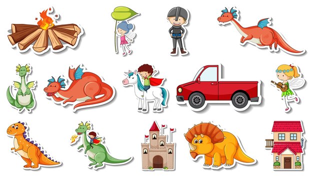 Sticker set of fantasy fairy tale cartoon characters