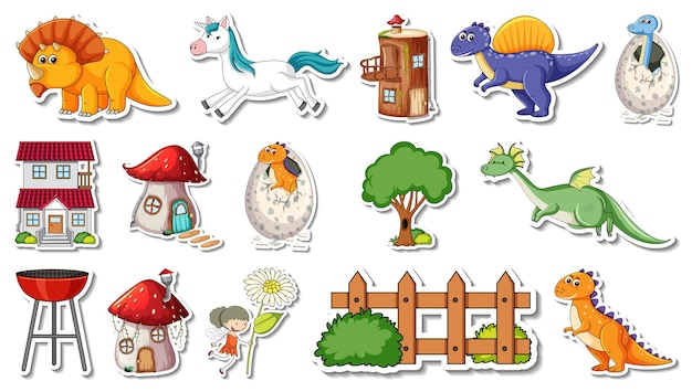 Sticker set of fantasy fairy tale cartoon characters