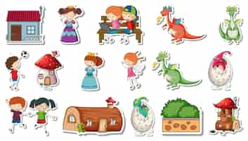 Free vector sticker set of fantasy fairy tale cartoon characters