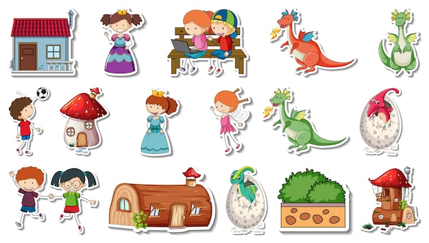 Sticker set of fantasy fairy tale cartoon characters