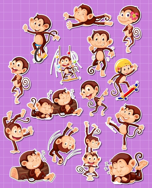 Sticker set of funny monkey cartoon characters