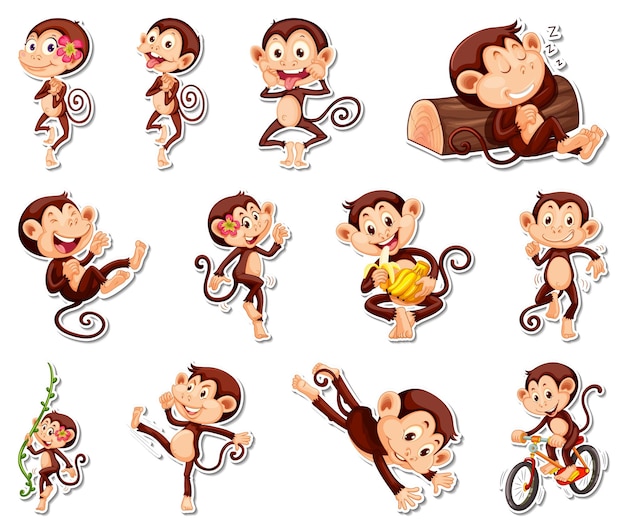 Free Vector sticker set of funny monkey cartoon characters