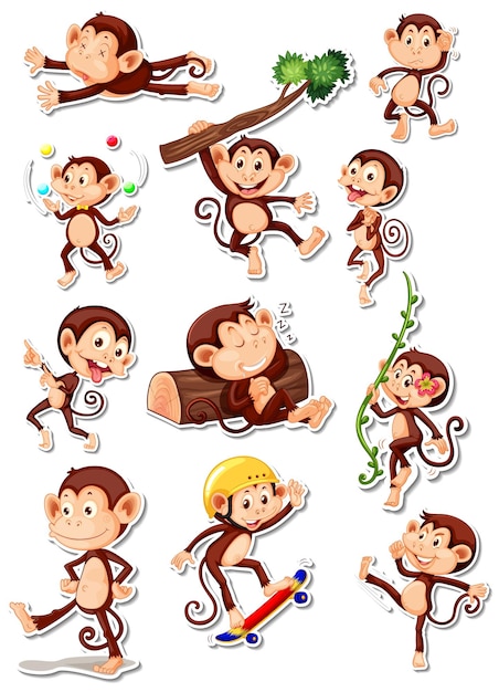 Free Vector sticker set of funny monkey cartoon characters