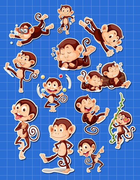 Sticker set of funny monkey cartoon characters