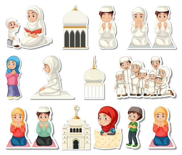 Free vector sticker set of islamic religious symbols and cartoon characters