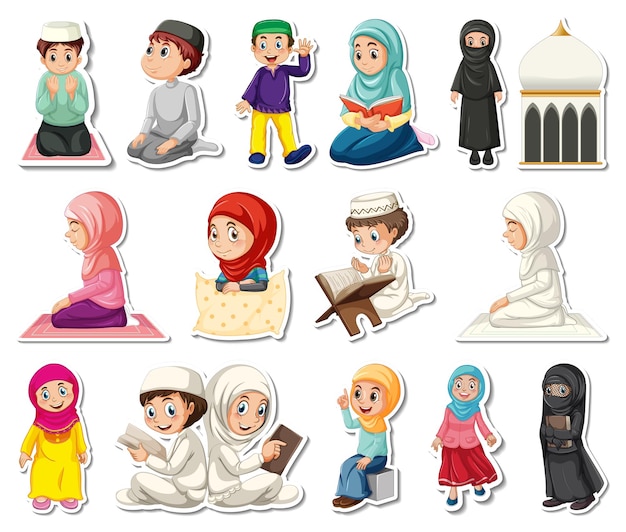 Free vector sticker set of islamic religious symbols and cartoon characters