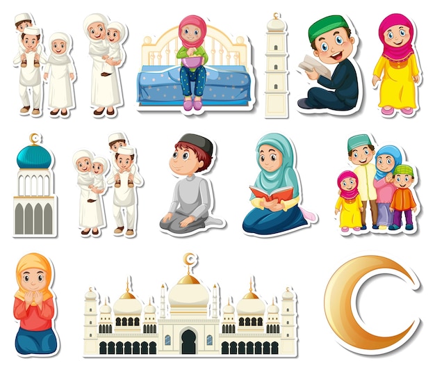 Free vector sticker set of islamic religious symbols and cartoon characters