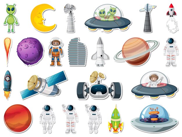 Sticker set of outer space objects and astronauts