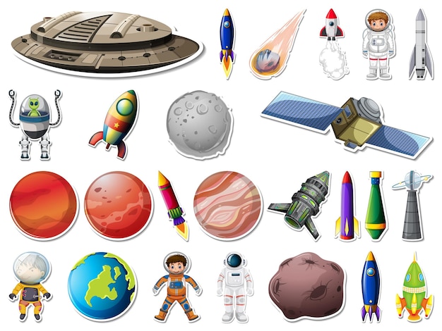 Free Vector sticker set of outer space objects and astronauts