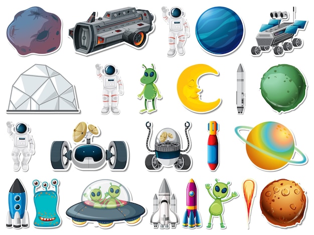 Sticker set of outer space objects and astronauts