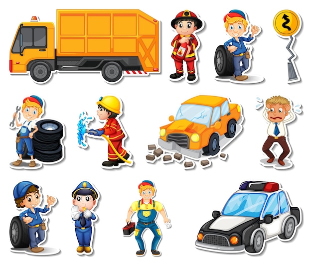 Free vector sticker set of professions characters and objects