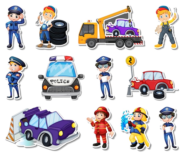 Sticker set of professions characters and objects