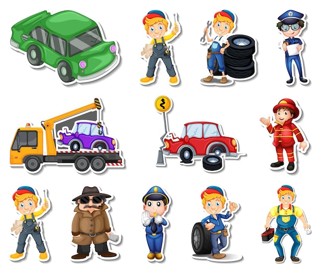 Sticker set of professions characters and objects