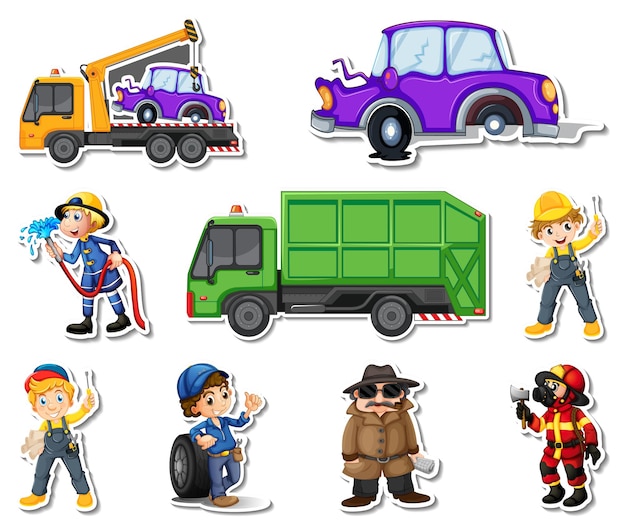 Free Vector sticker set of professions characters and objects