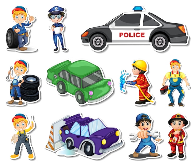 Sticker set of professions characters and objects