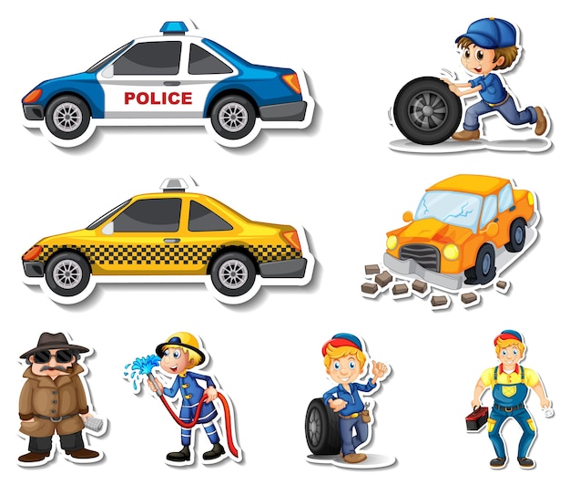 Sticker set of professions characters and objects