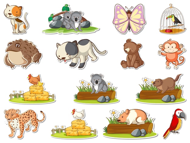 Free Vector sticker set of wild animals cartoon