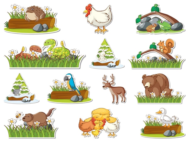 Free Vector sticker set of wild animals cartoon