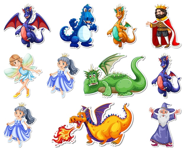 Sticker set with different fairytale cartoon characters