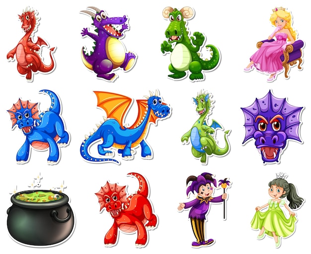 Sticker set with different fairytale cartoon characters