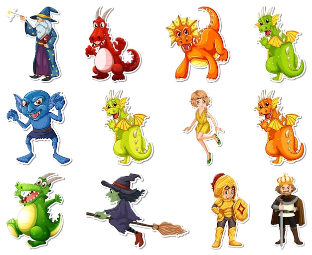 Free Vector sticker set with different fairytale cartoon characters